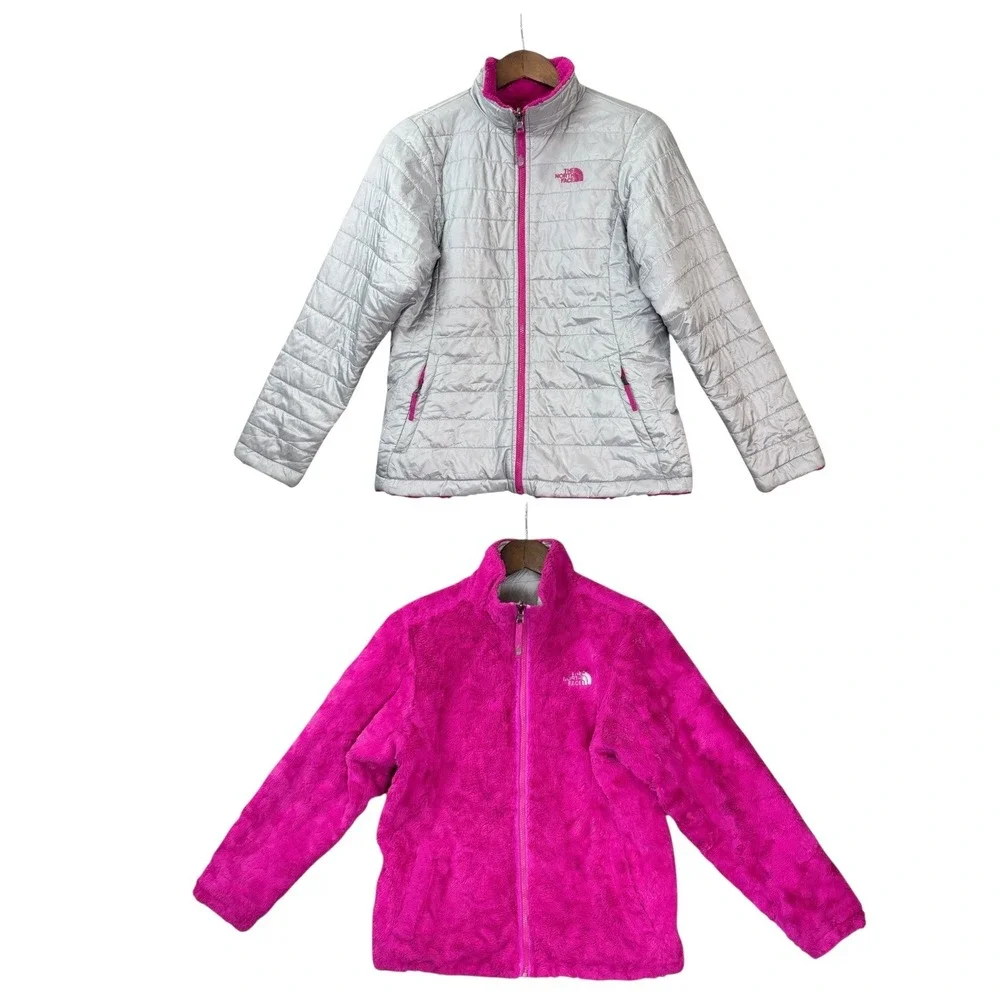The‎ North Face Girls Reversible Mossbud Swirl Jacket XL Pink Gray Fleece Puffer